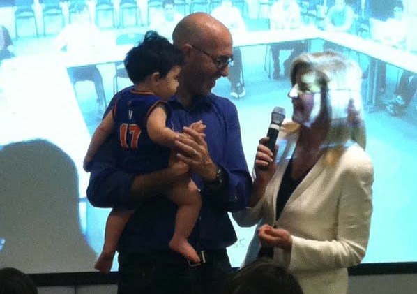 Leo at his first HuffPo meeting today, moments before grabbing the mike from Arianna (in order to eat it, of course).